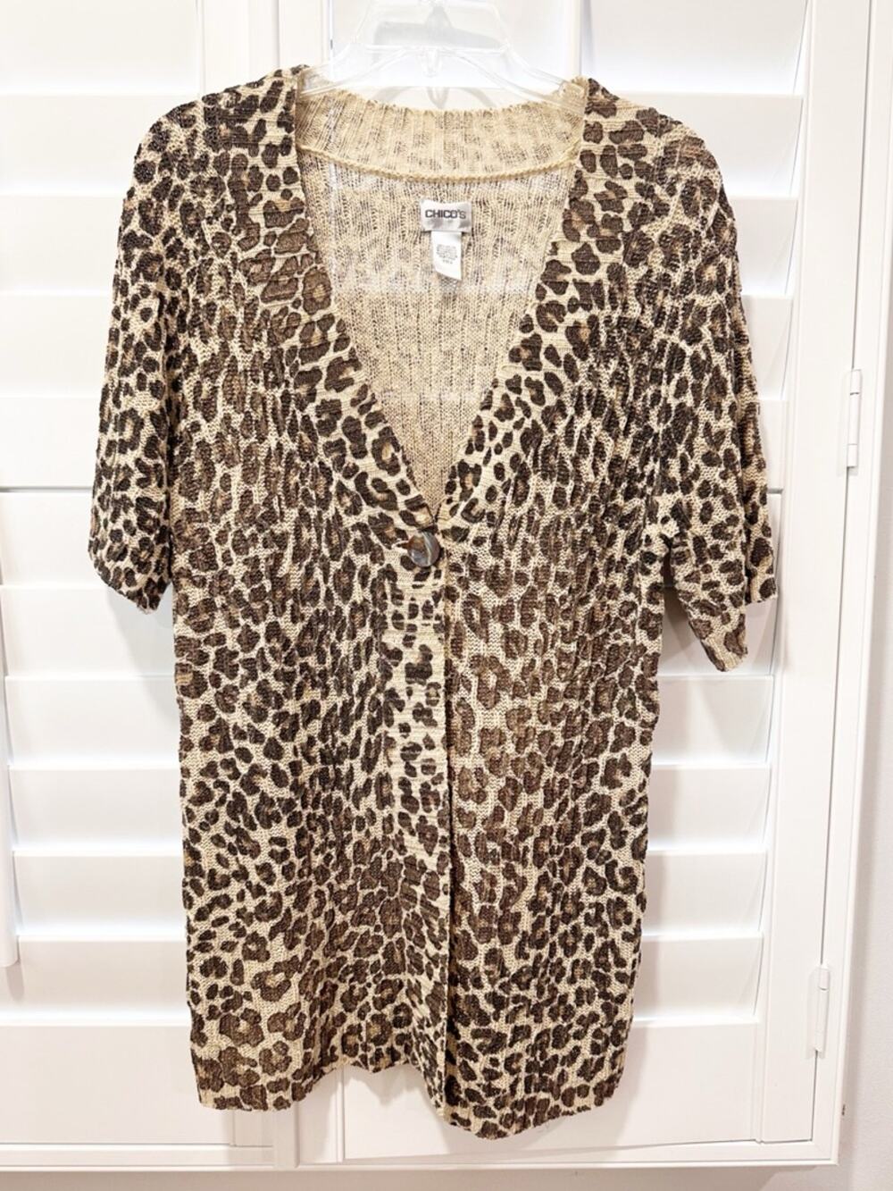 Chico’s Leopard Print Open Knit Cardigan Sz 2 (L) Metallic Shimmer Button Front